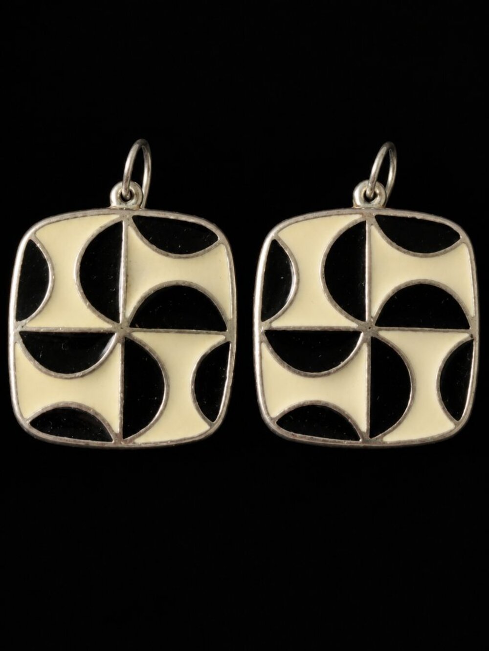 Vintage Black Ivory Enamel Earrings Geometric Mod Square Dangle Earrings